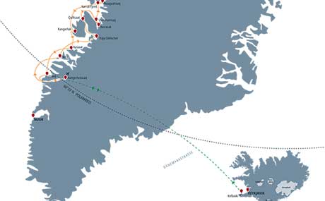 Karte zur Schiffsreise Abenteuer Westgrönland 2024