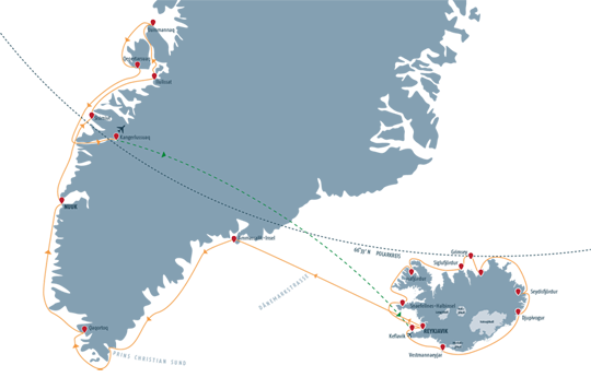 Karte zur Schiffsreise Island und Naturwunder Grönlands