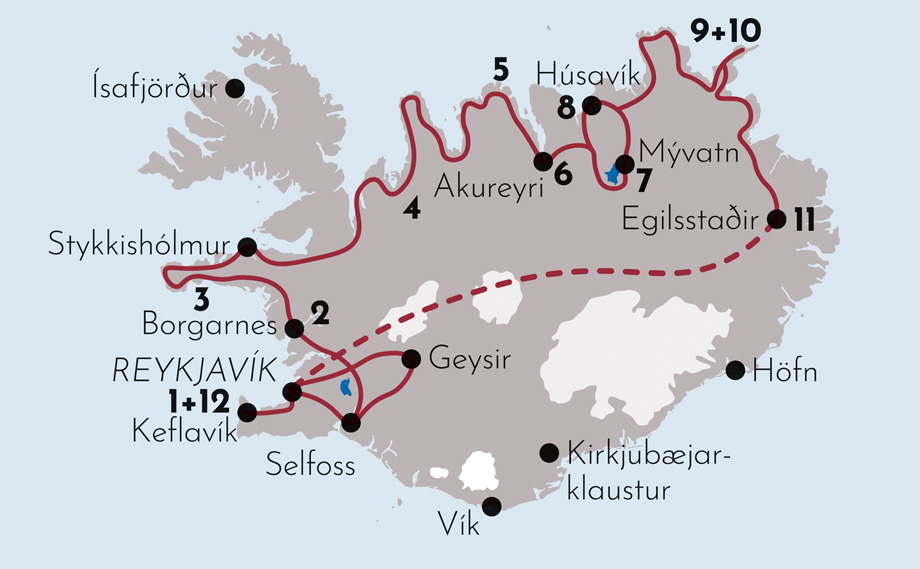 Karte zur Mietwagenrundreise Arktische Küstenroute in Island