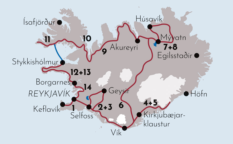 Karte zur Mietwagenreise "Feuer, Erde, Eis und Wasser" in Island