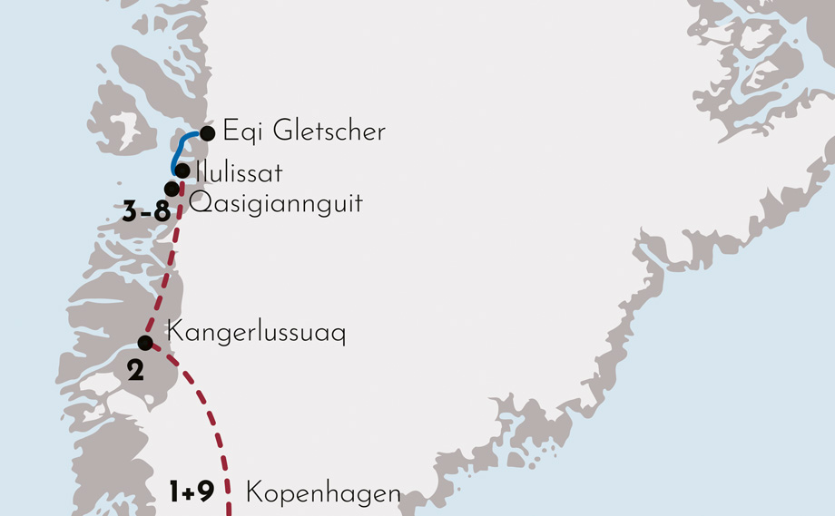 Karte zur Reise Grönlands majestätische Eisberge