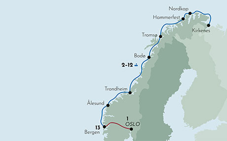 Karte zur Schiffsreise Klassische Rundreise mit Oslo und Bergen