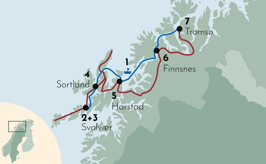 Karte zur Winter-Mietwagenreise Inselzauber auf den Lofoten