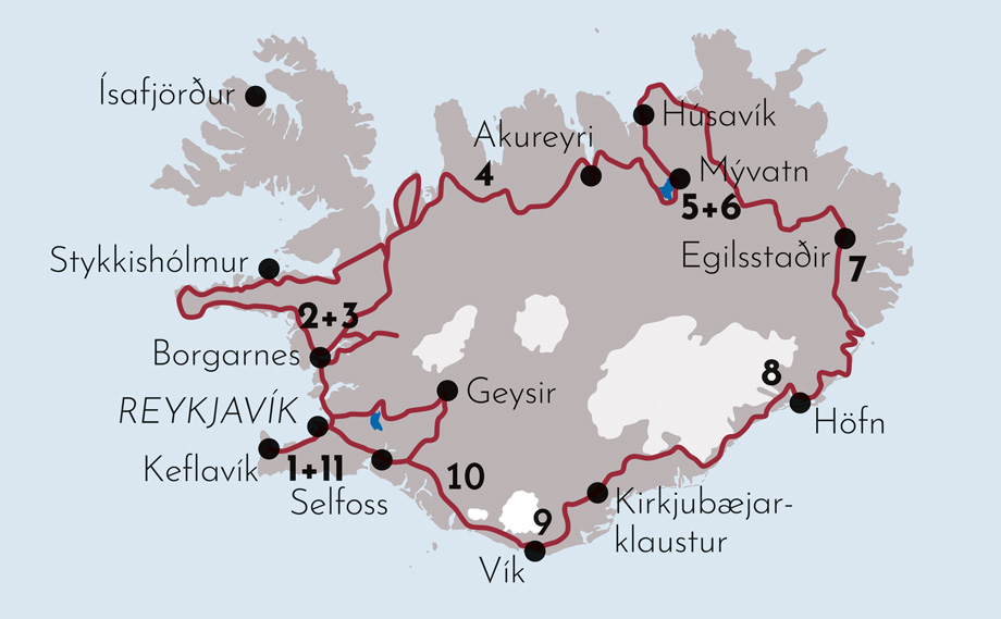 Karte zur Mietwagenrundreise Die Entdeckerreise in Island