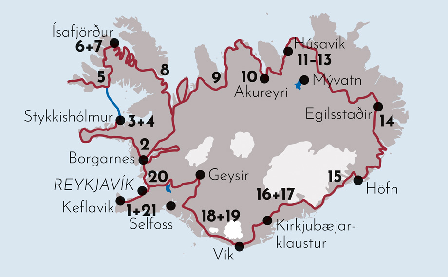 Karte zur Mietwagenrundreise Island exklusiv