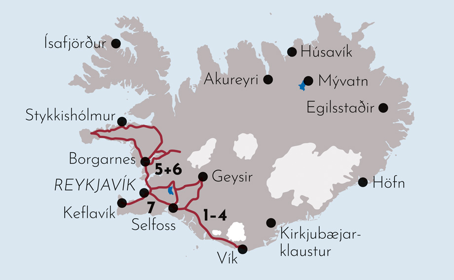 Karte zur Mietwagenreise Heisse Quellen in Island