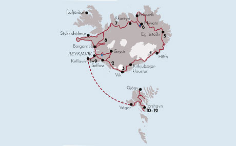 Karte zur Mietwagenrundreise Kombination Island und Färöer Inseln