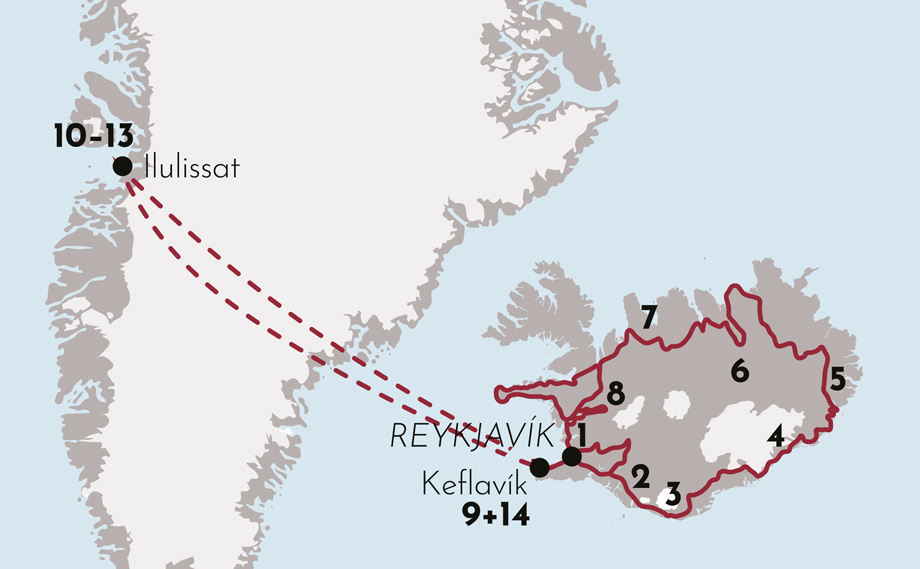 Karte zur Mietwagenrundreise Kombination Island und Grönland