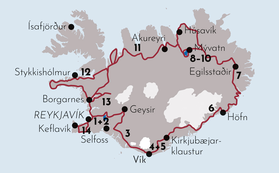 Karte zur Mietwagenrundreise Die Luxusreise in Island