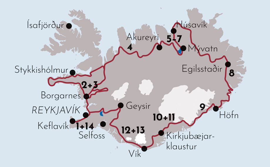 Karte zur Mietwagenrundreise Die grosse Rundreise in Island