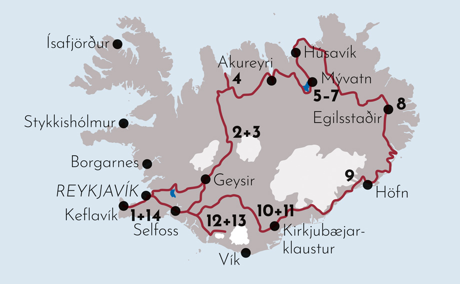 Karte zur Mietwagenrundreise Island für Wanderer