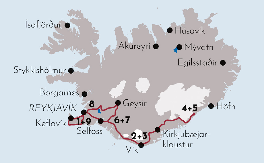 Karte zur Mietwagenrundreise Island gemütlich