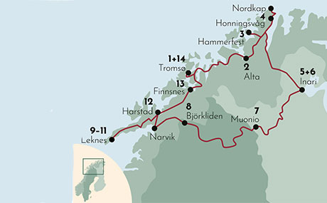 Karte zur Mietwagenreise Nordkap, Lappland und Lofoten