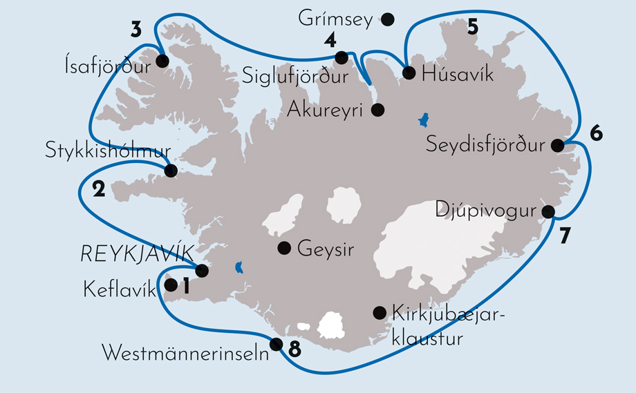 Karte Schiffsreise Urgewaltiges Island 2025