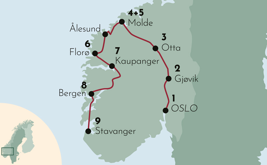 Karte zur Mietwagenrundreise Das Beste von Norwegen