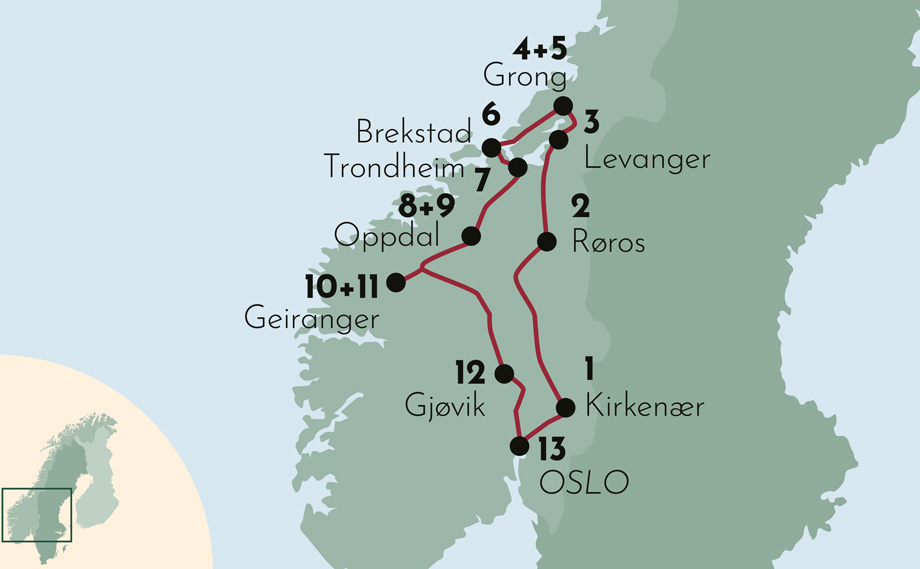 Karte zur Mietwagenrundreise in Norwegen Elche, Fjorde und Städte 