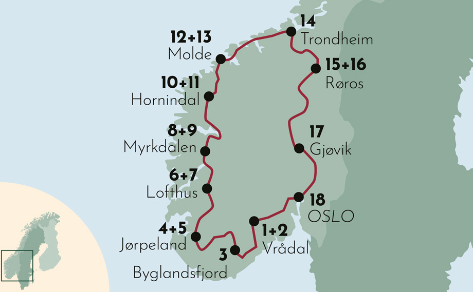 Karte zur Mietwagenrundreise in Norwegen mit Fjell, Fjord und Gletscher