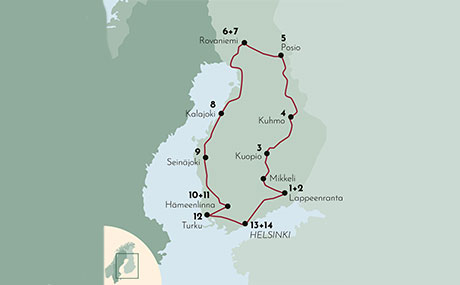 Karte zur Mietwagenrundreise Grosse Finnlandreise