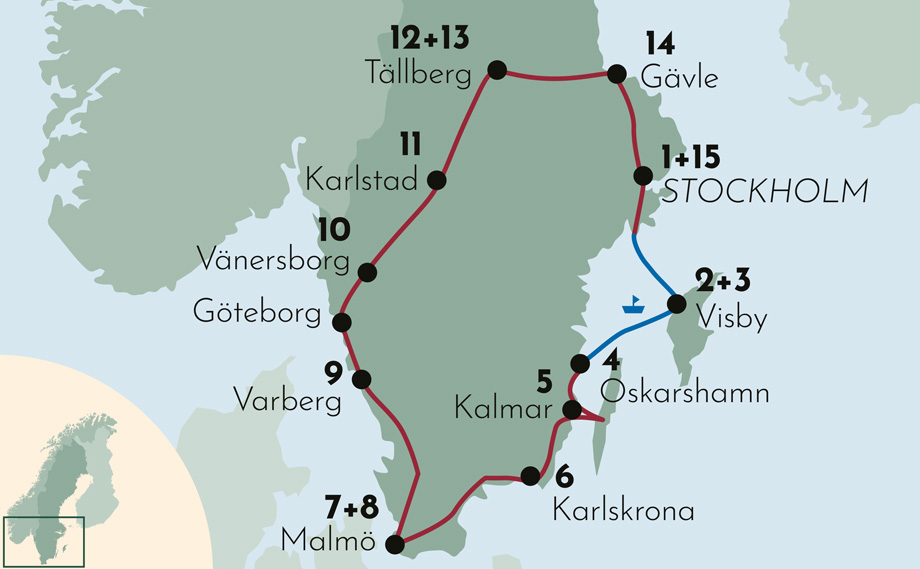 Karte zur Mietwagenrundreise Grosse Schwedenreise