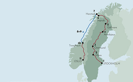 Karte zur Reise Inlandsbahn und Hurtigruten