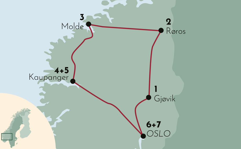 Karte zur Mietwagenrundreise Stadt, Land, Fjord - Norwegen kompakt