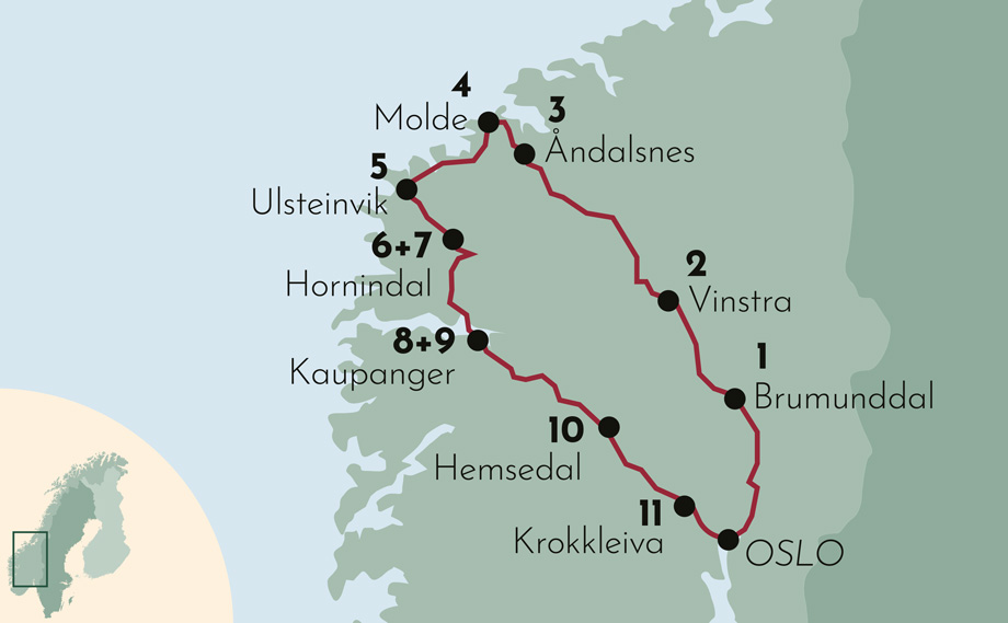 Karte zur Mietwagenrundreise Umweltfreundlich durch Fjordnorwegen