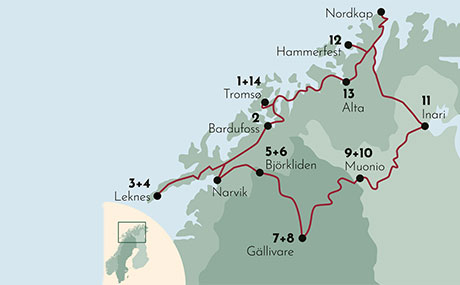 Karte zur Mietwagenrundreise Wandern über dem Polarkreis