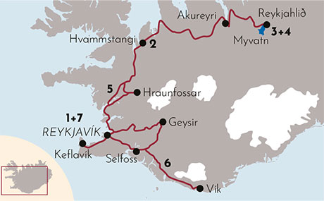 Karte Gruppenreisen Nordlichter und Heisse Quellen im Winter