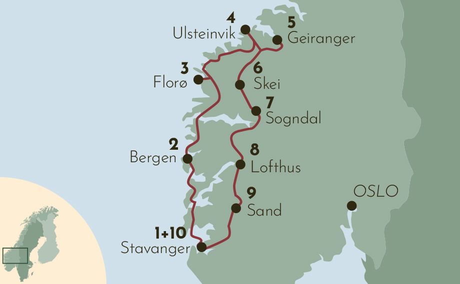 Karte zur Mietwagenrundreise Die schönsten Fjorde in Norwegen