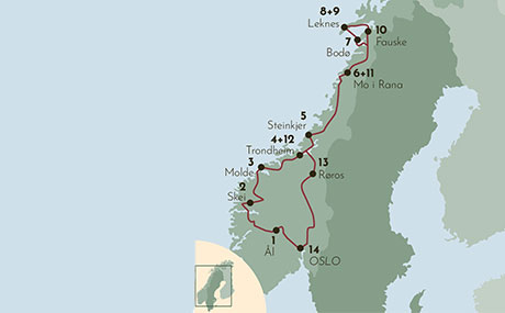 Karte zur Mietwagenrundreise Fjord- und Nordnorwegen