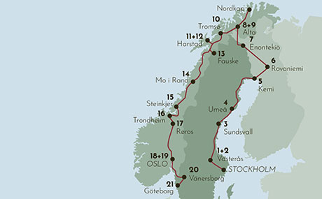 Karte zur Rundreise Grosse Skandinavienreise