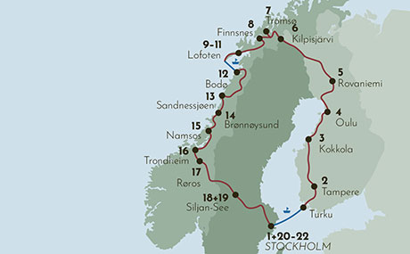 Karte zur Rundreise Küstenzauber Skandinaviens
