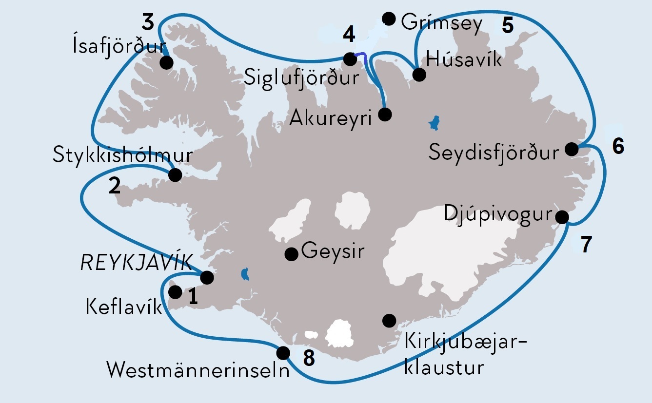 Karte Schiffsreise Island Umrundung