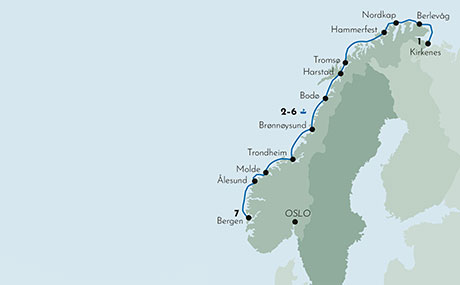 Karte zur Schiffsreise Norwegen mit Hurtigruten