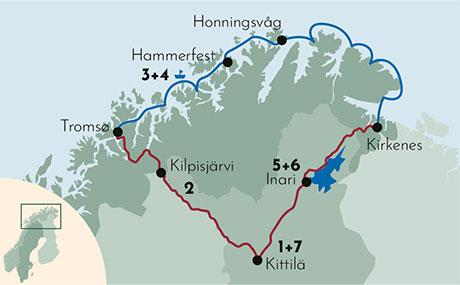 Karte zur Winter-Mietwagenreise Lappland und Nordkap erleben