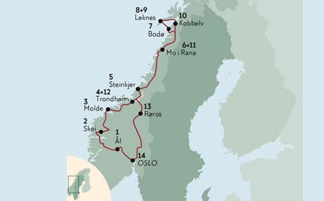 Karte zur Mietwagenrundreise Fjord- und Nordnorwegen